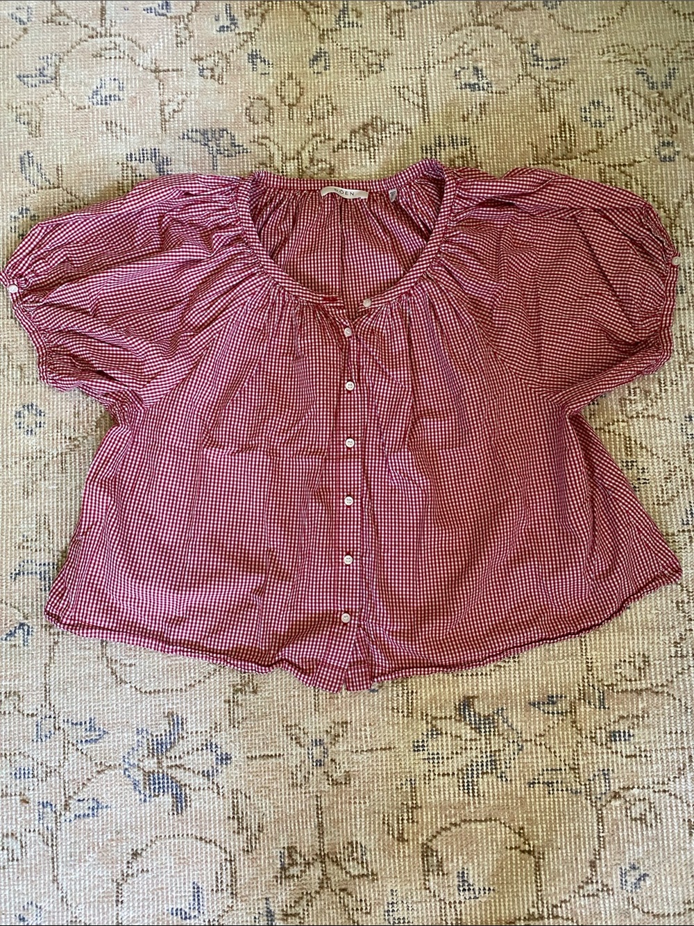 Doen Red Gingham Puff-Sleeve Button-Front Blouse